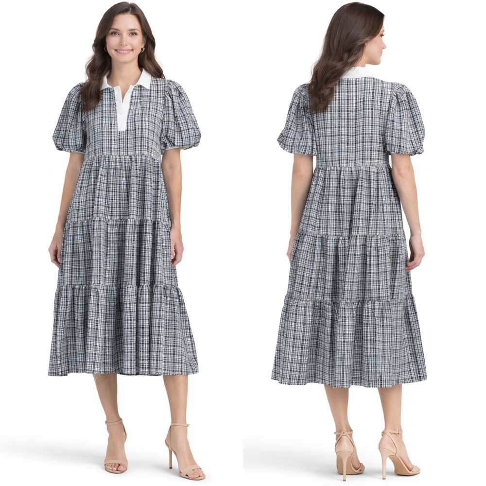 English Factory plaid A-line tiered midi dress - Picture 13 of 13